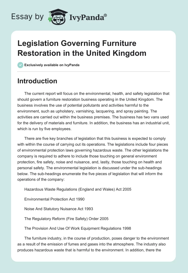 Legislation Governing Furniture Restoration in the United Kingdom. Page 1