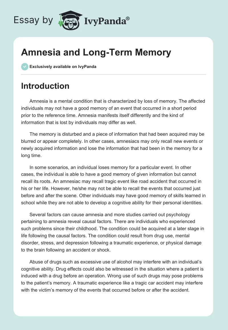 Amnesia and Long-Term Memory. Page 1