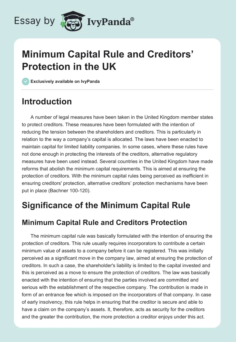 Minimum Capital Rule and Creditors’ Protection in the UK. Page 1