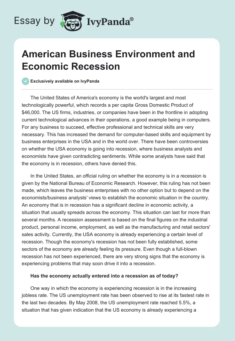 American Business Environment and Economic Recession. Page 1