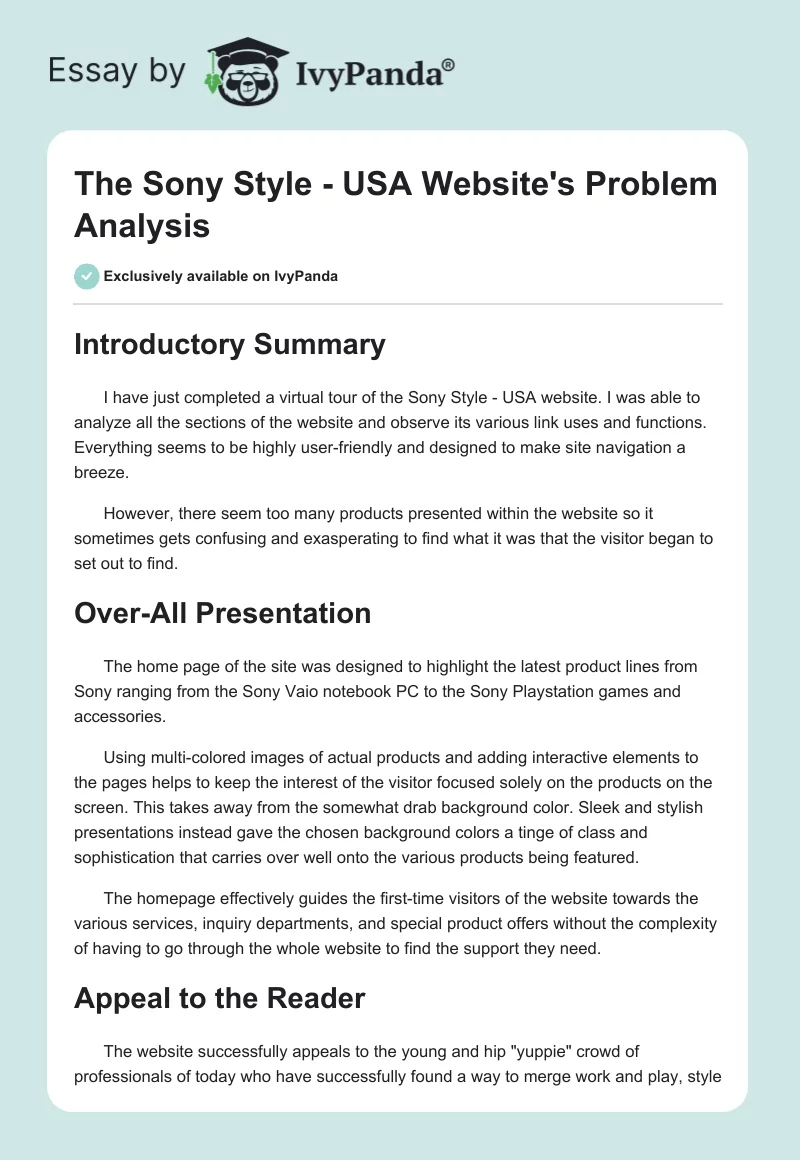 The Sony Style - USA Website's Problem Analysis. Page 1