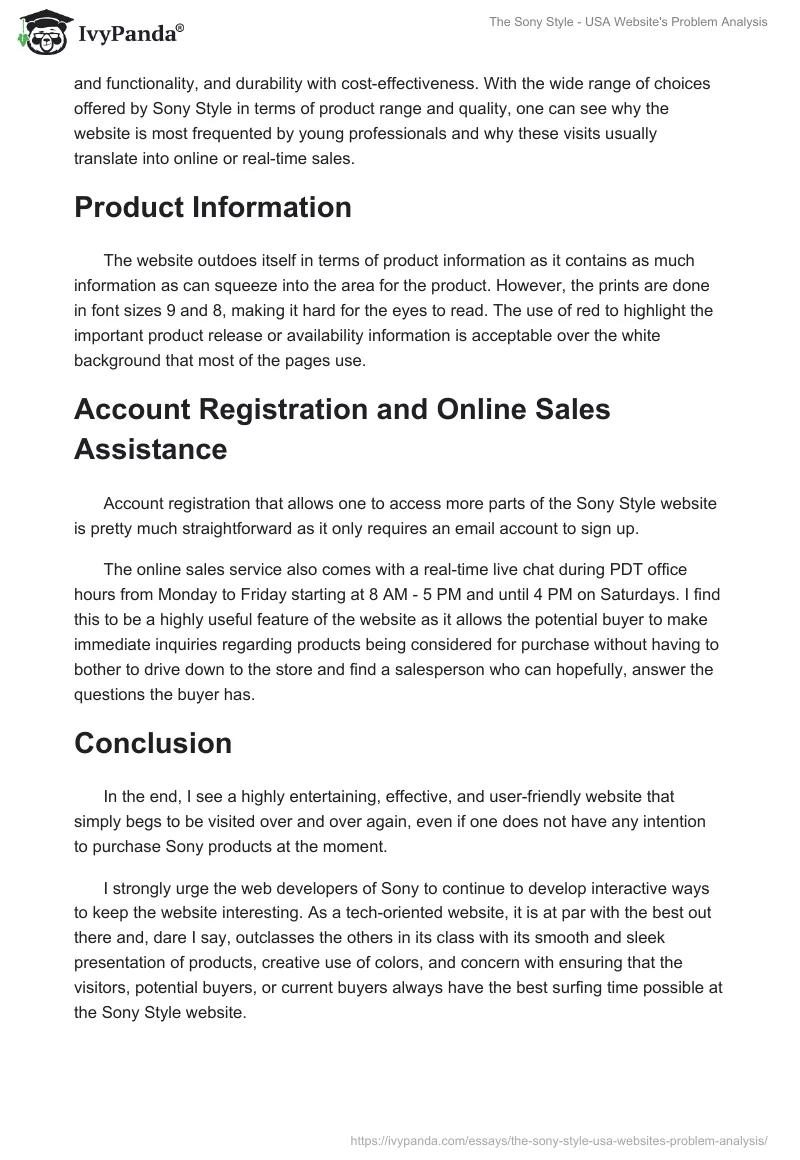 The Sony Style - USA Website's Problem Analysis. Page 2
