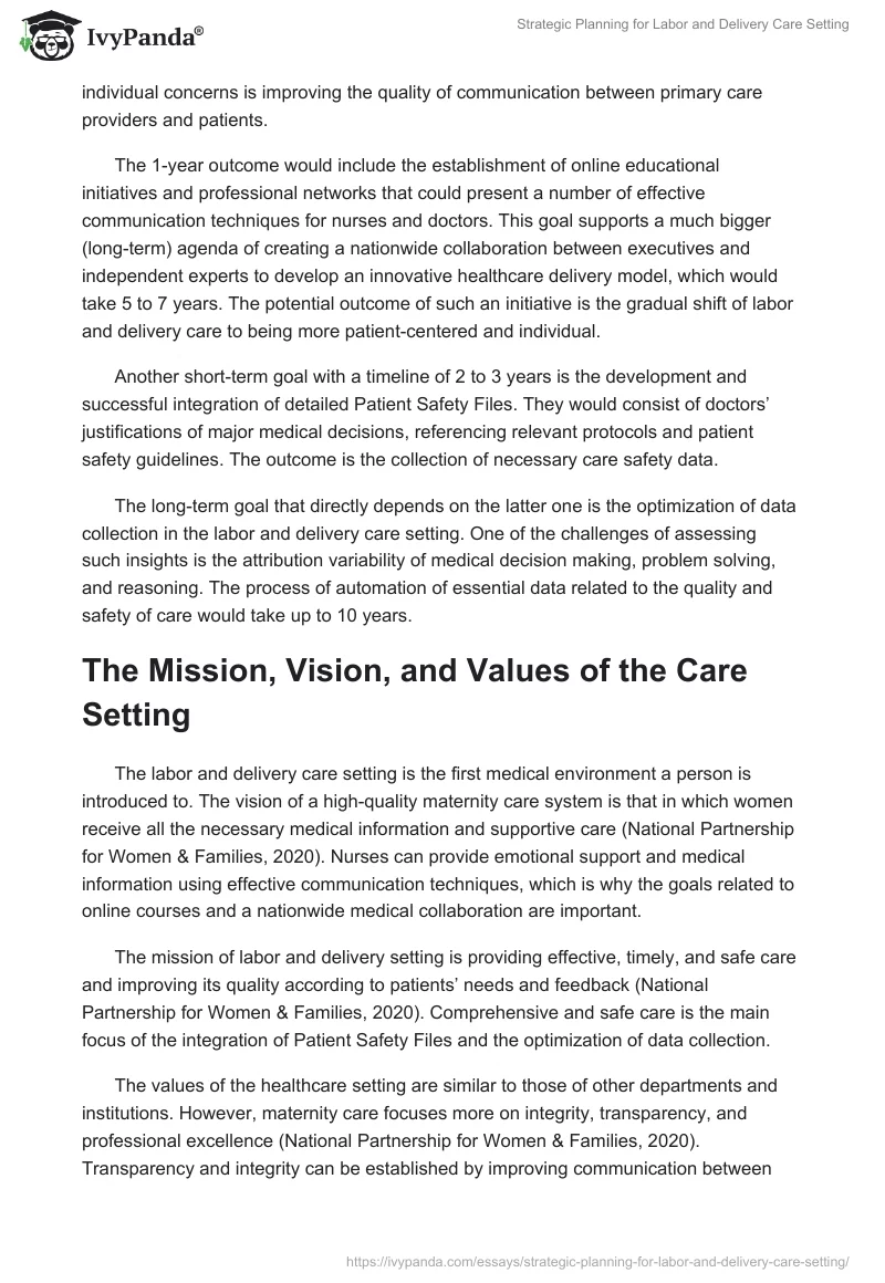 Strategic Planning for Labor and Delivery Care Setting. Page 2