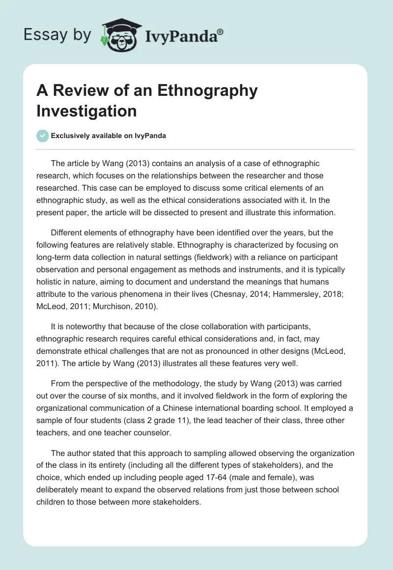 A Review of an Ethnography Investigation. Page 1