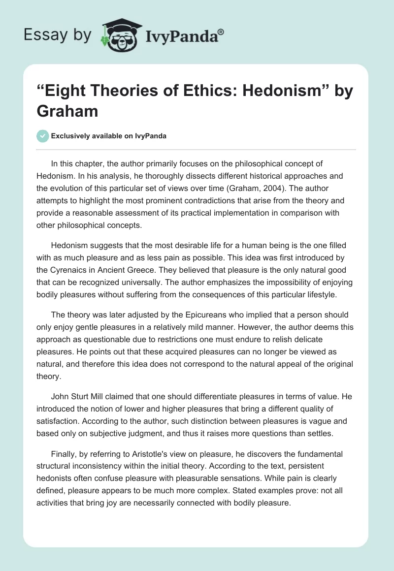 “Eight Theories of Ethics: Hedonism” by Graham. Page 1