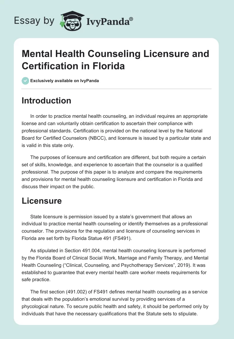 Mental Health Counseling Licensure and Certification in Florida. Page 1