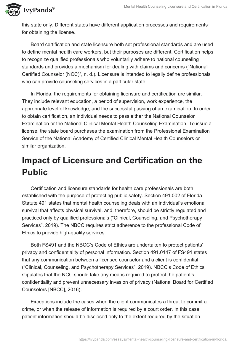 Mental Health Counseling Licensure and Certification in Florida. Page 5