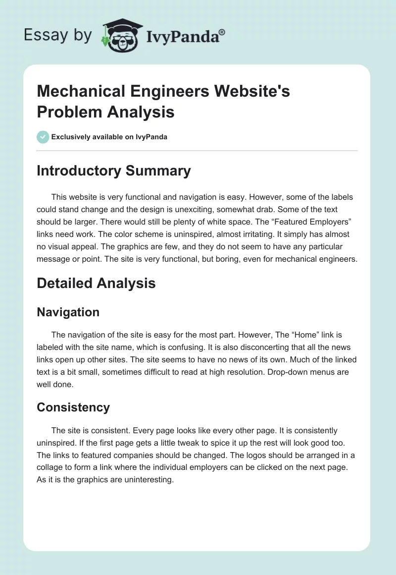 Mechanical Engineers Website's Problem Analysis. Page 1
