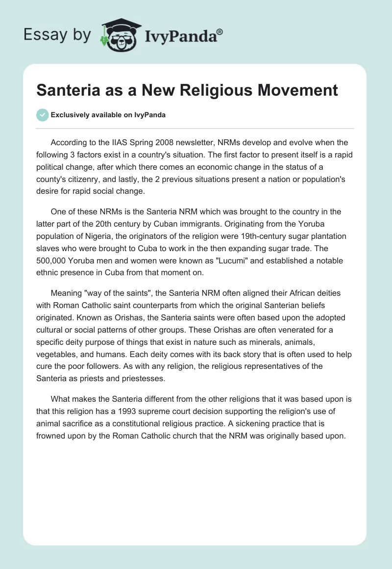 Santeria as a New Religious Movement. Page 1