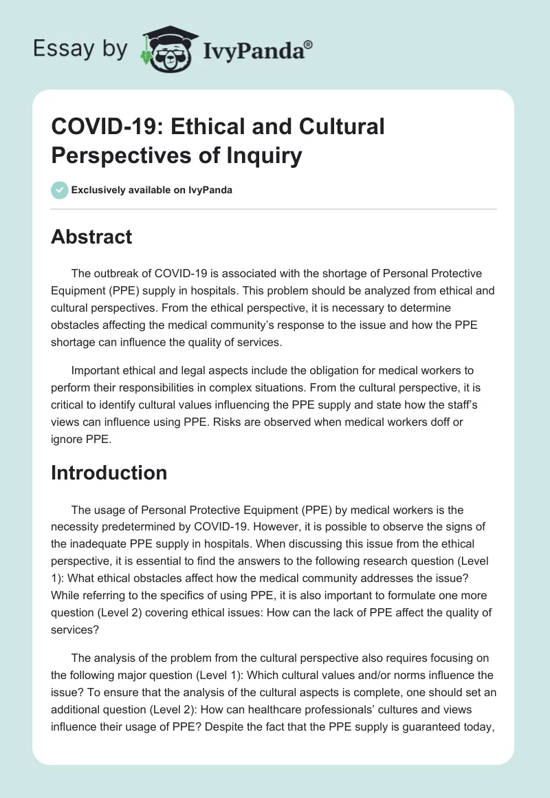 COVID-19: Ethical and Cultural Perspectives of Inquiry. Page 1