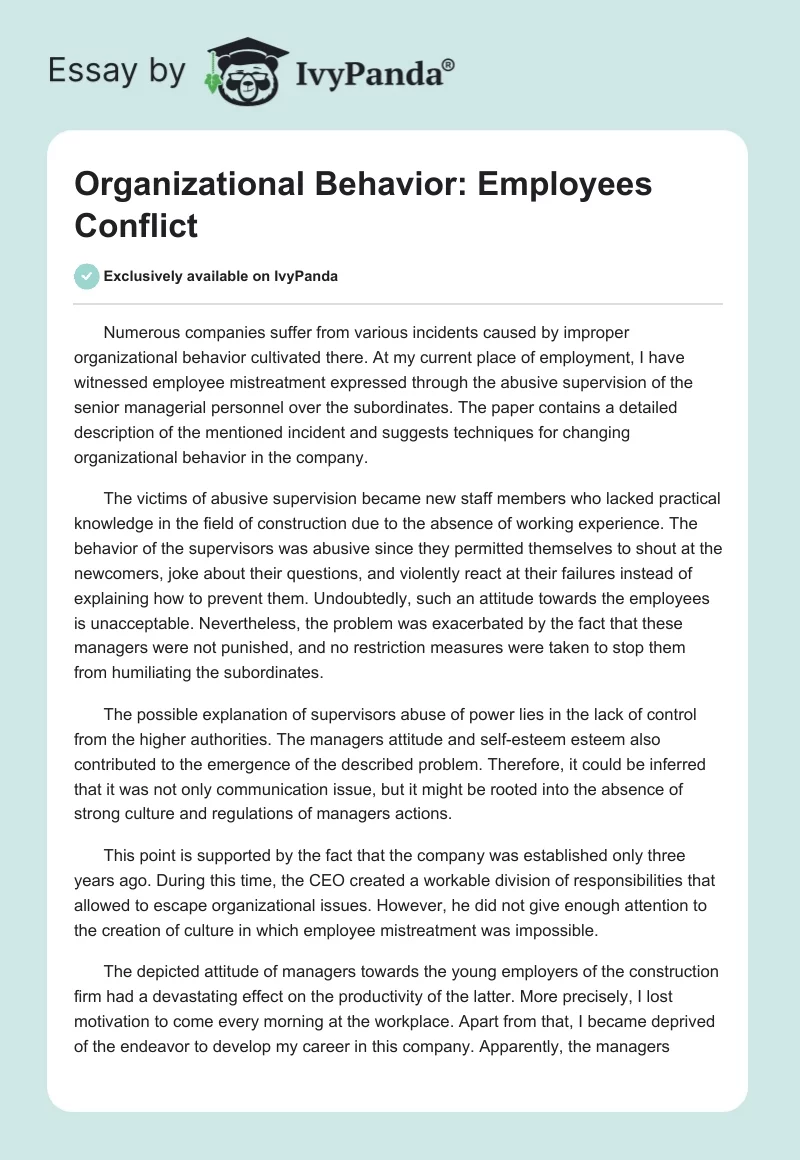 Organizational Behavior: Employees Conflict. Page 1