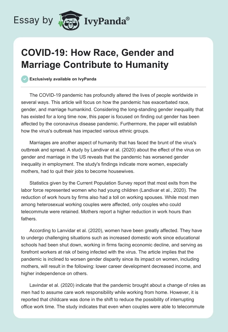 COVID-19: How Race, Gender and Marriage Contribute to Humanity. Page 1