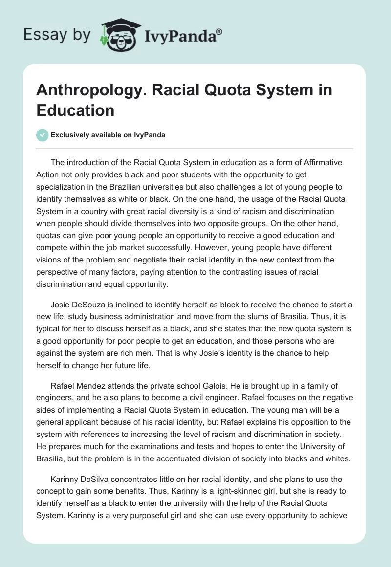 Anthropology. Racial Quota System in Education. Page 1