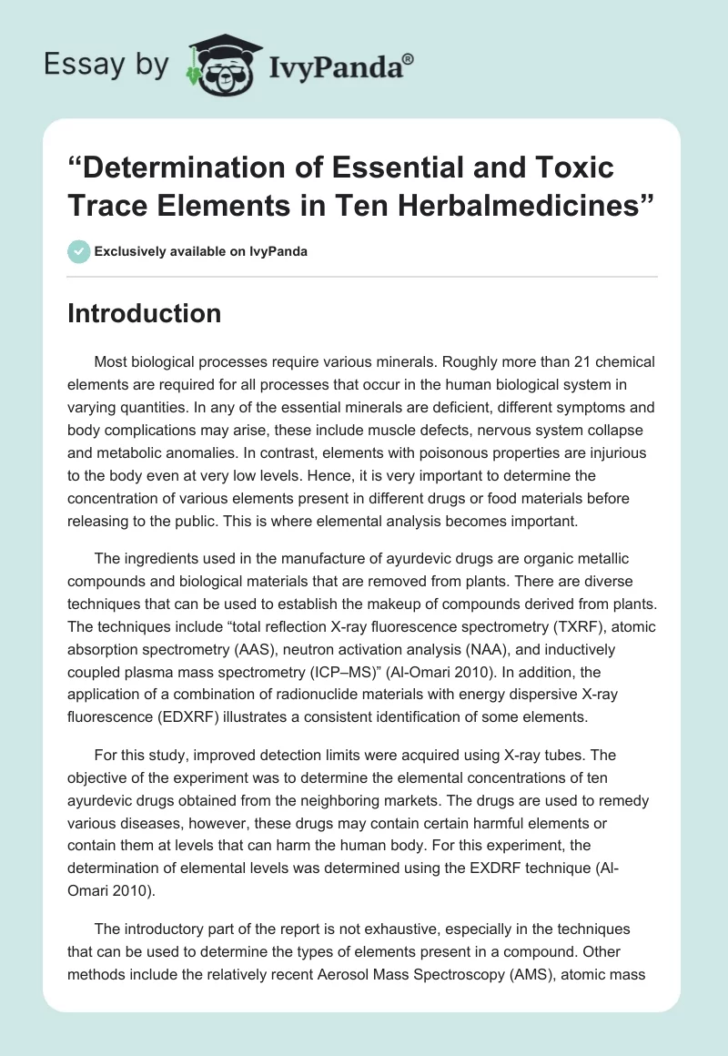 “Determination of Essential and Toxic Trace Elements in Ten Herbalmedicines”. Page 1