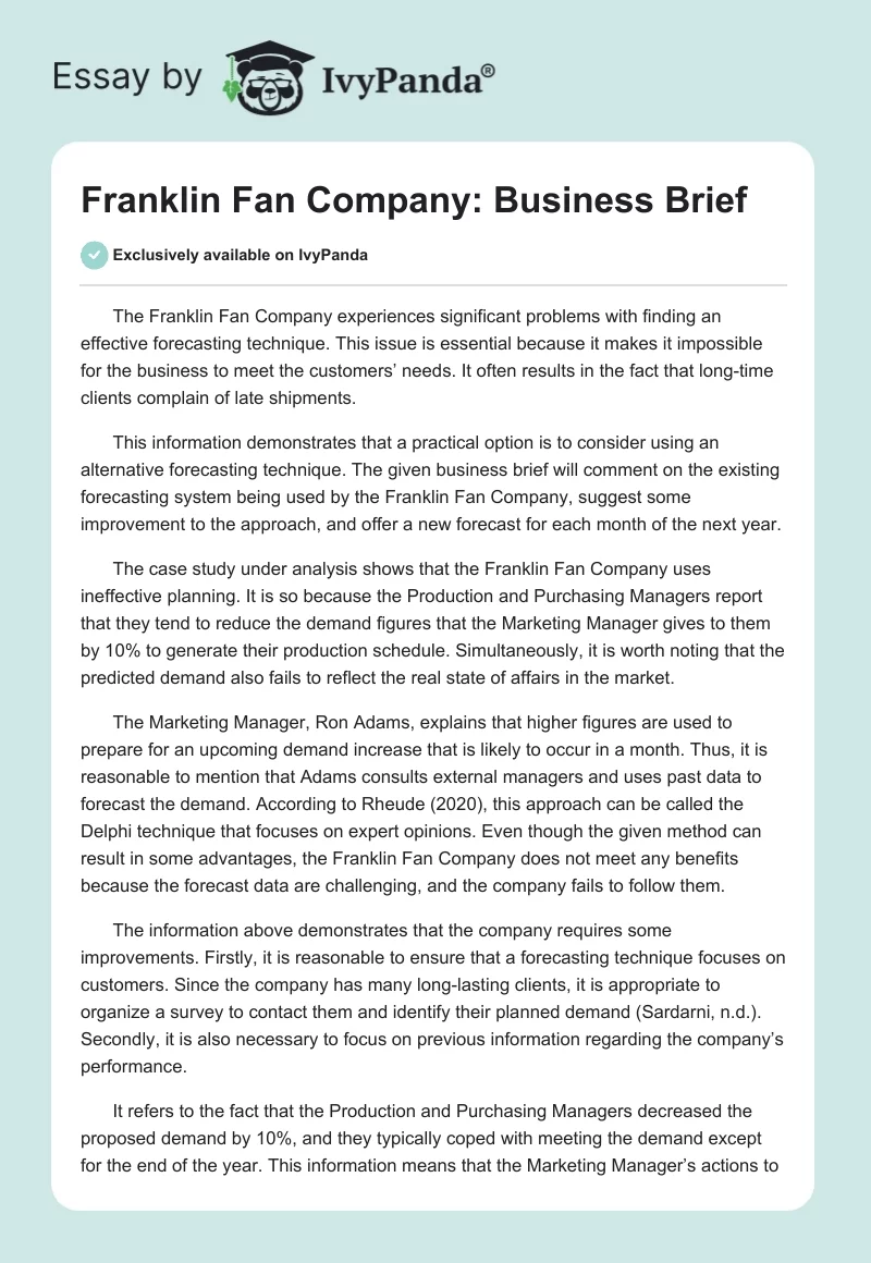 Franklin Fan Company: Business Brief. Page 1