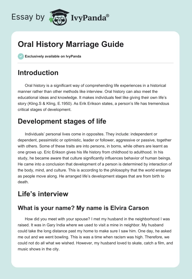 Oral History Marriage Guide. Page 1