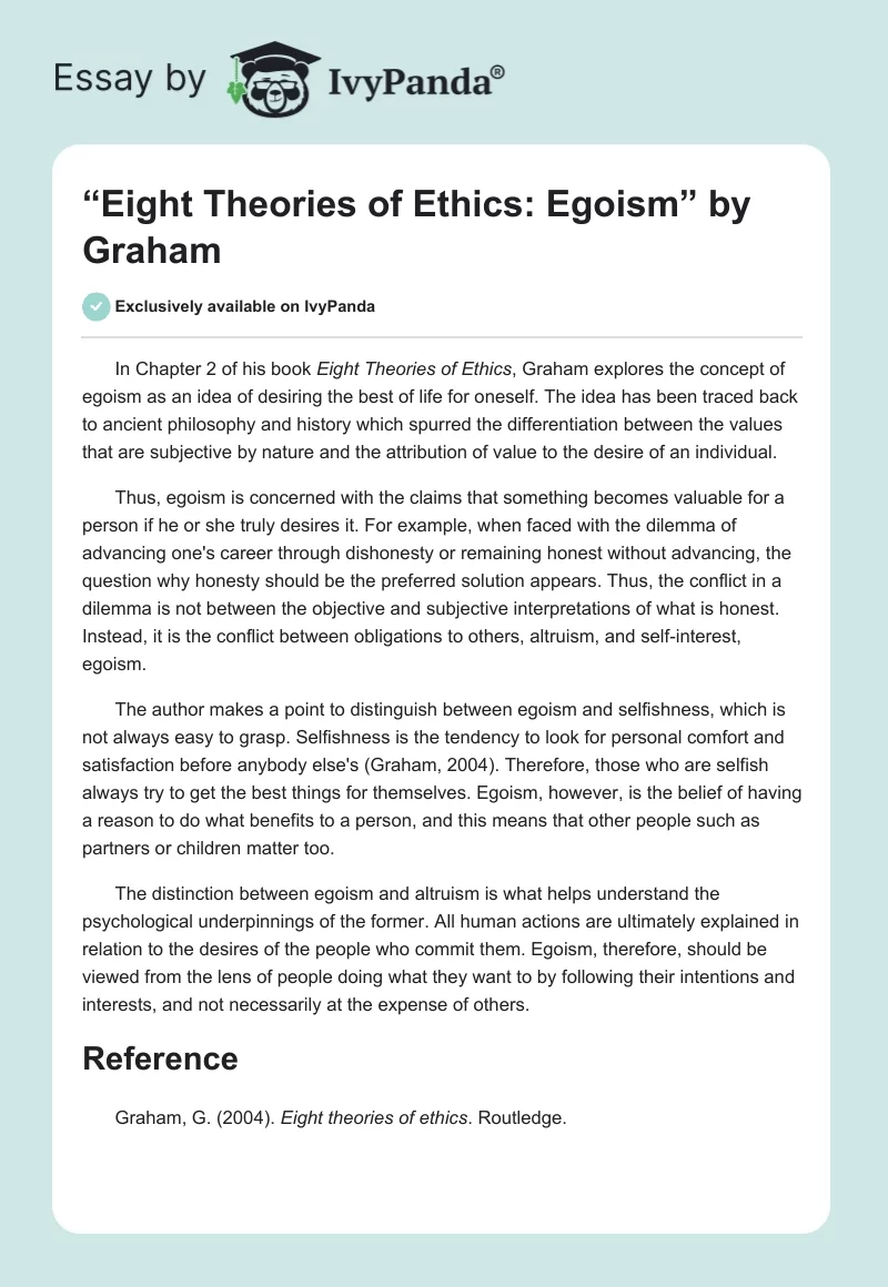 “Eight Theories of Ethics: Egoism” by Graham. Page 1