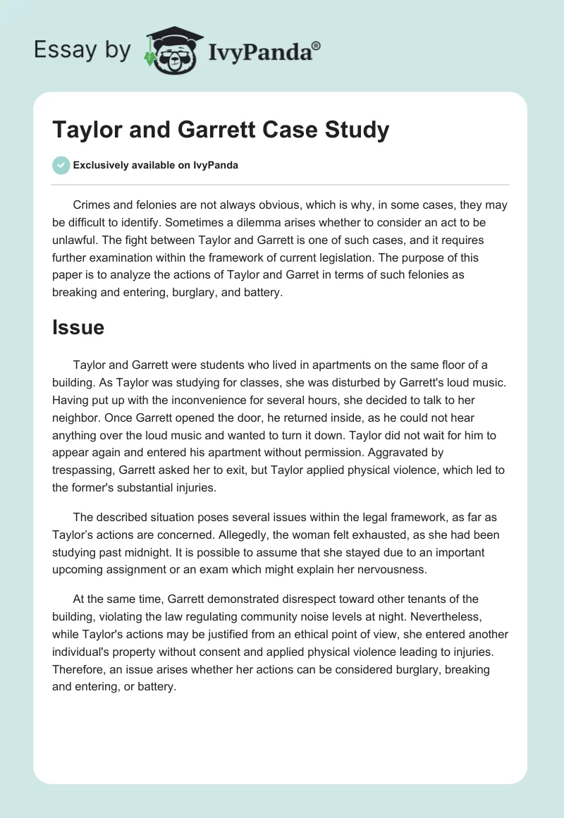 Taylor and Garrett Case Study. Page 1