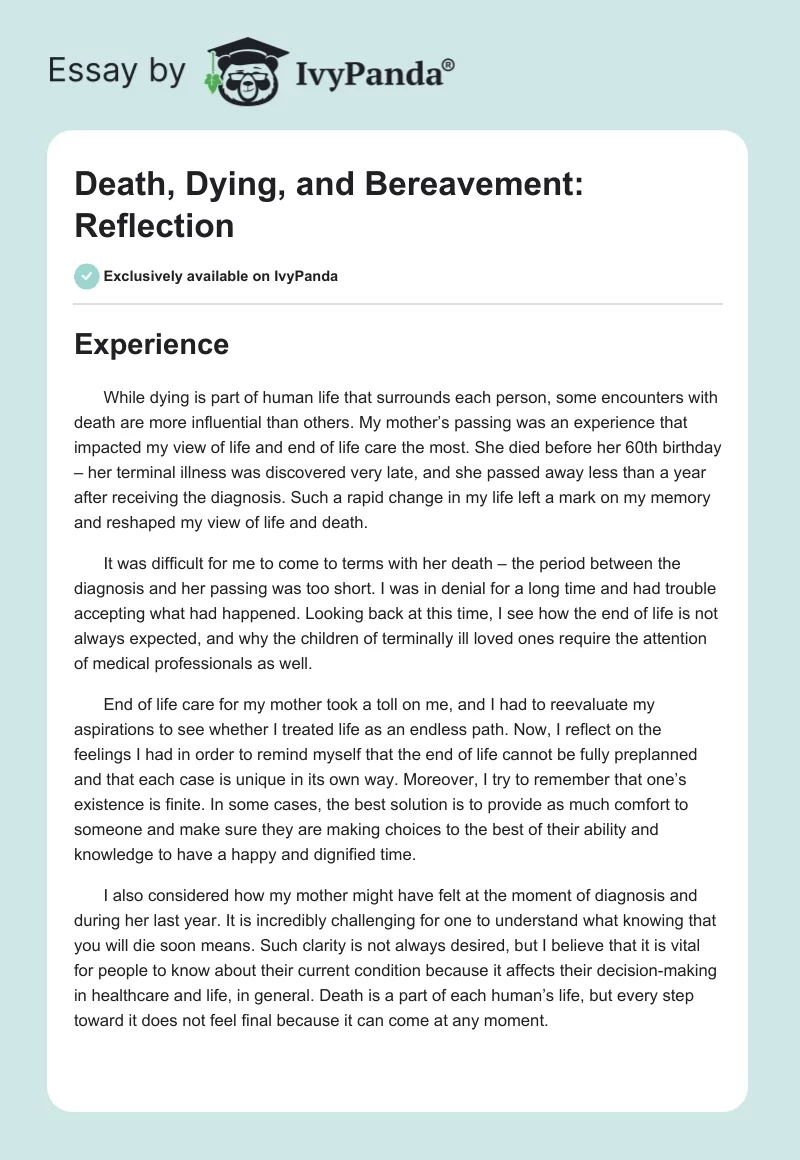 Death, Dying, and Bereavement: Reflection. Page 1