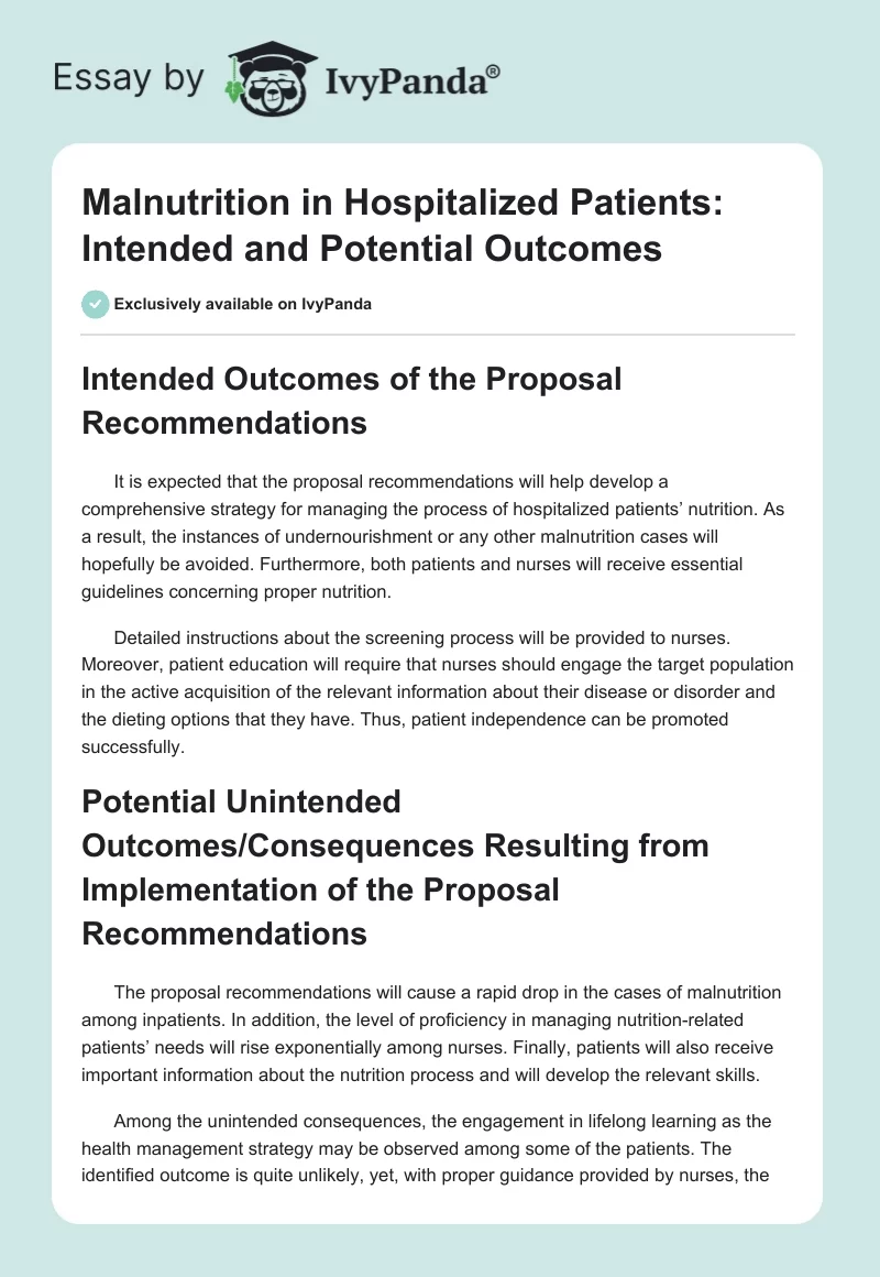 Malnutrition in Hospitalized Patients: Intended and Potential Outcomes. Page 1