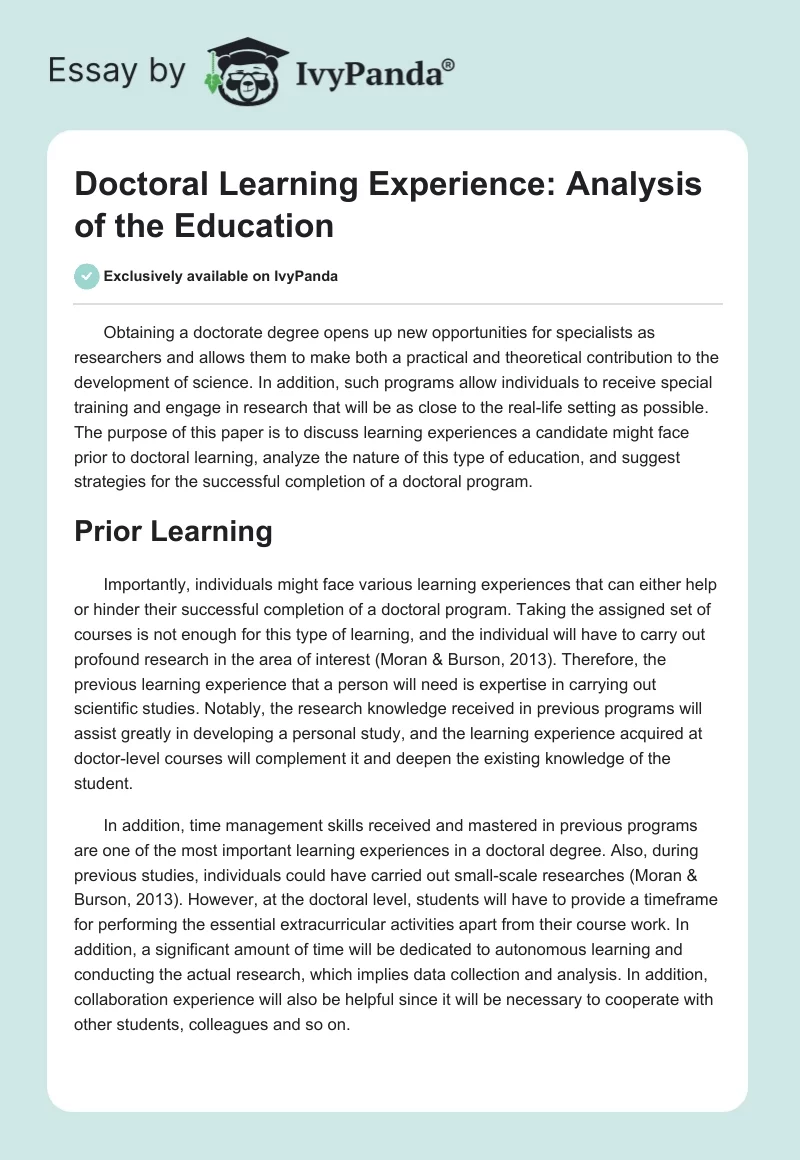 Doctoral Learning Experience: Analysis of the Education. Page 1