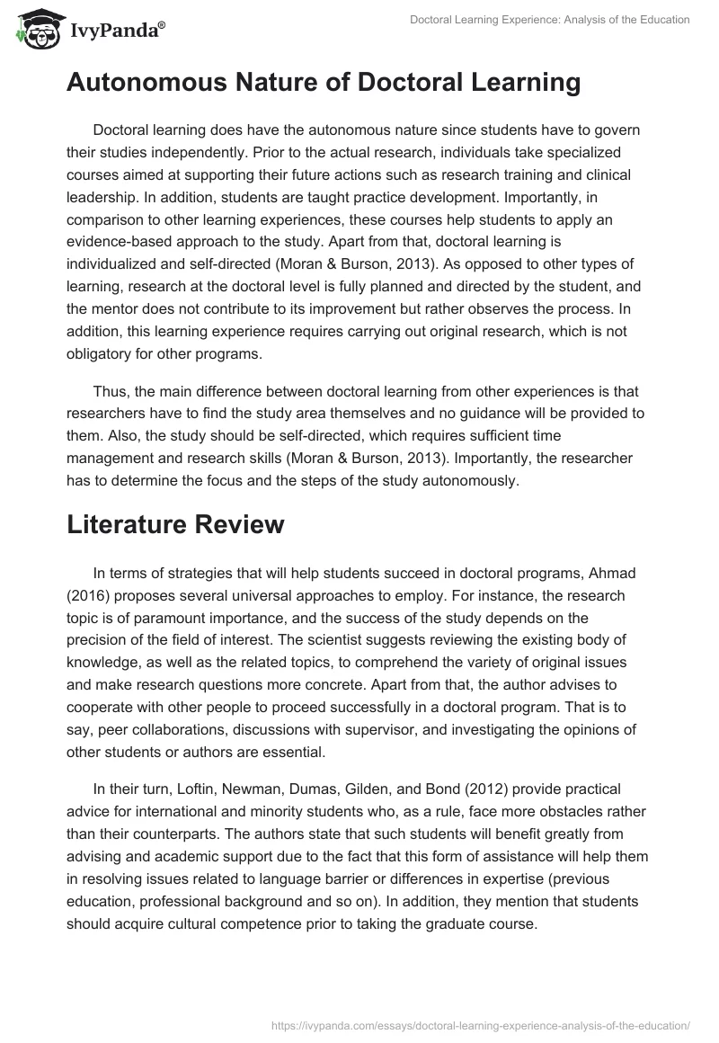Doctoral Learning Experience: Analysis of the Education. Page 2