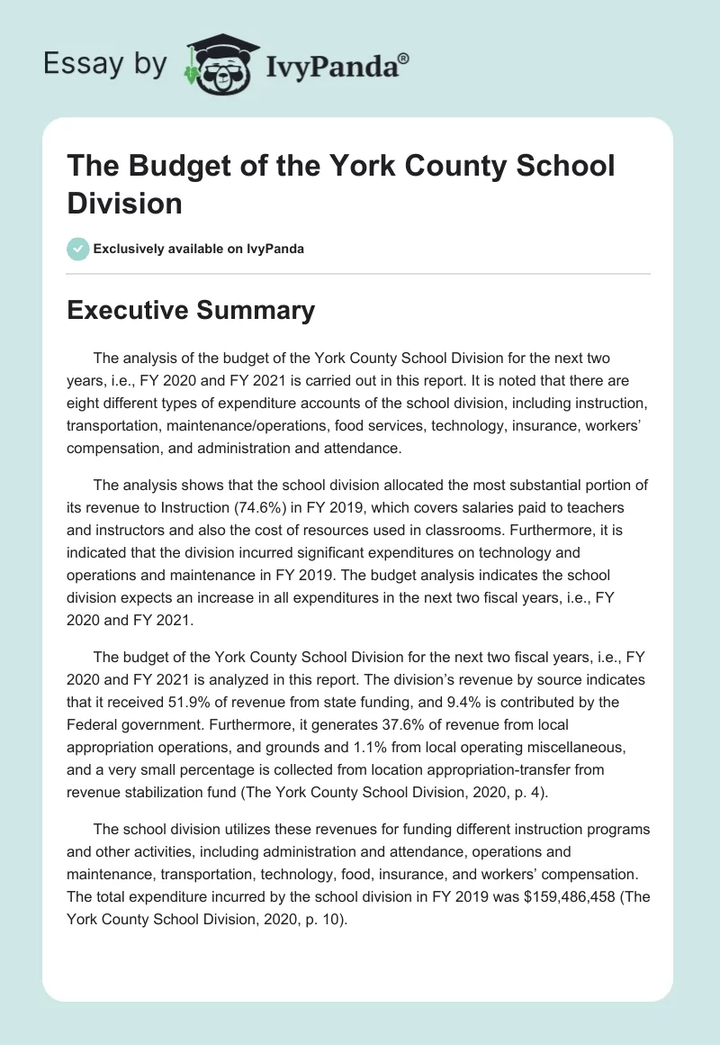 The Budget of the York County School Division. Page 1