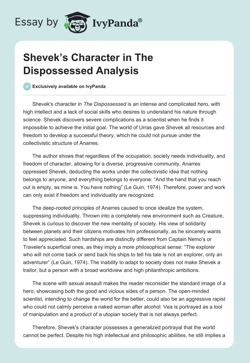 Shevek’s Character in "The Dispossessed" Analysis. Page 1