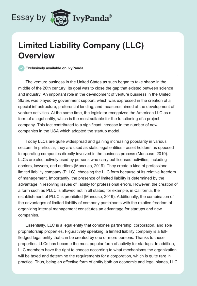 Limited Liability Company (LLC) Overview. Page 1