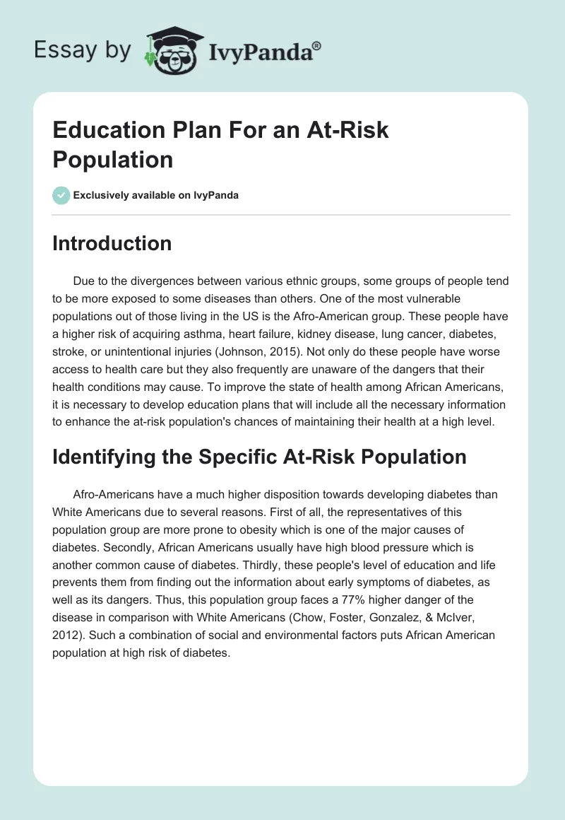 Education Plan For an At-Risk Population. Page 1