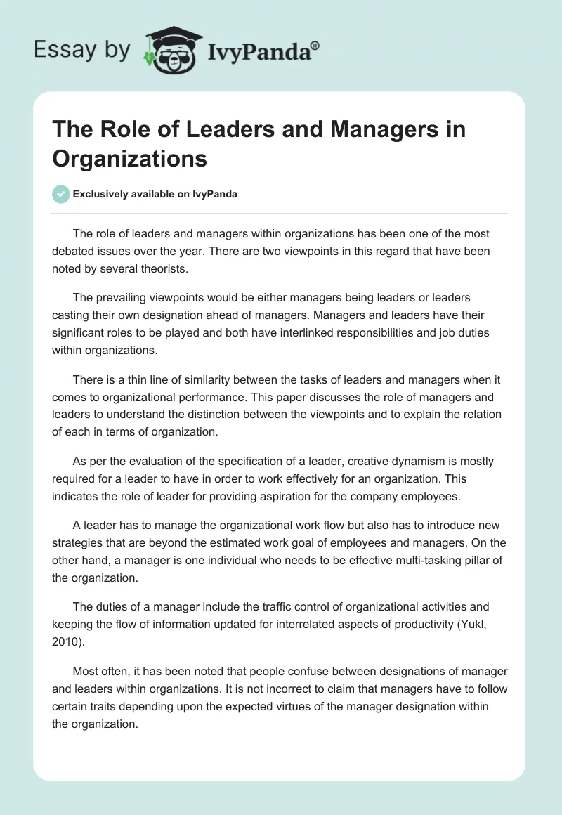 The Role of Leaders and Managers in Organizations. Page 1