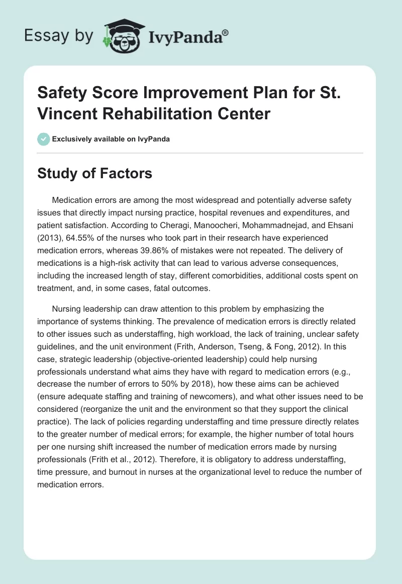 Safety Score Improvement Plan for St. Vincent Rehabilitation Center. Page 1
