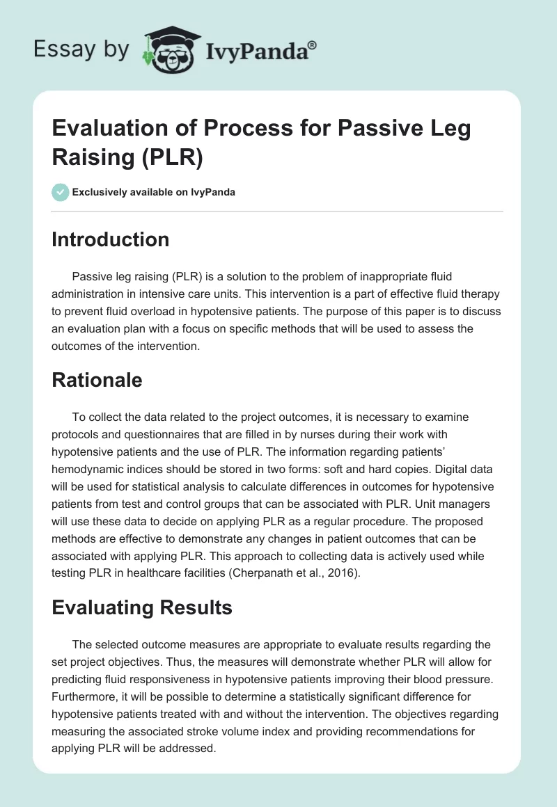Evaluation of Process for Passive Leg Raising (PLR). Page 1