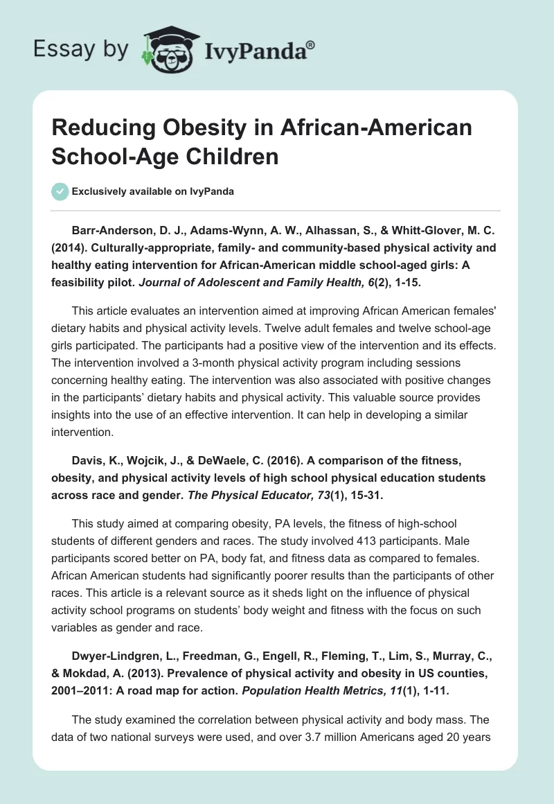 Reducing Obesity in African-American School-Age Children. Page 1