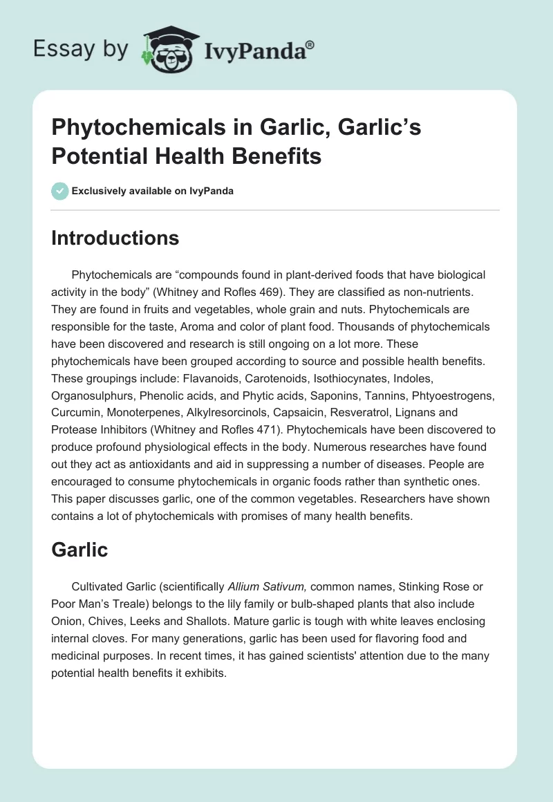 Phytochemicals in Garlic, Garlic’s Potential Health Benefits. Page 1