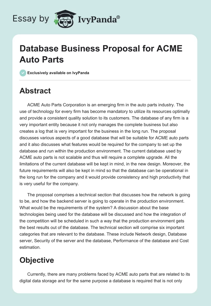 Database Business Proposal for ACME Auto Parts. Page 1