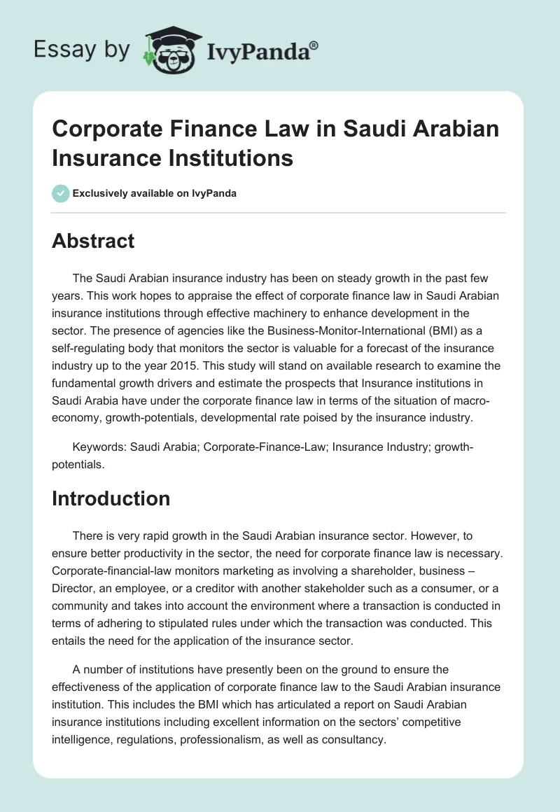 Corporate Finance Law in Saudi Arabian Insurance Institutions. Page 1