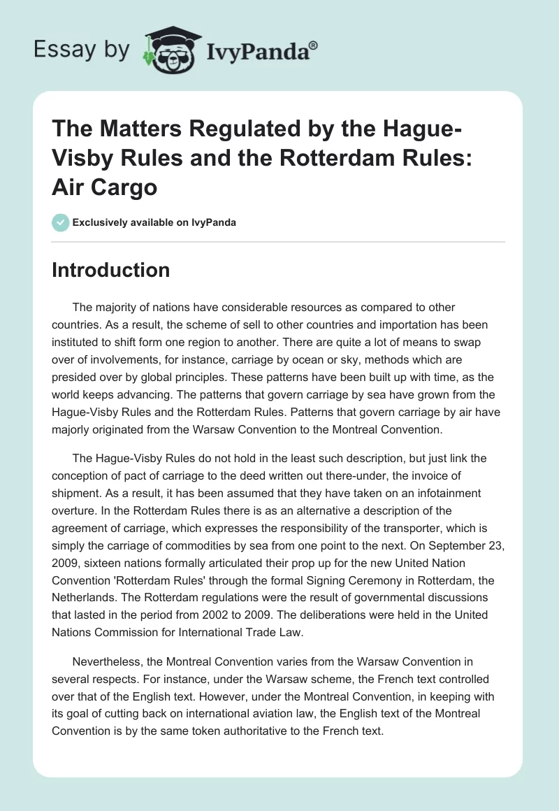 The Matters Regulated by the Hague-Visby Rules and the Rotterdam Rules: Air Cargo. Page 1