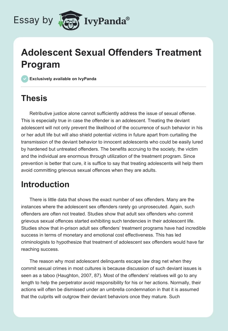 Adolescent Sexual Offenders Treatment Program. Page 1