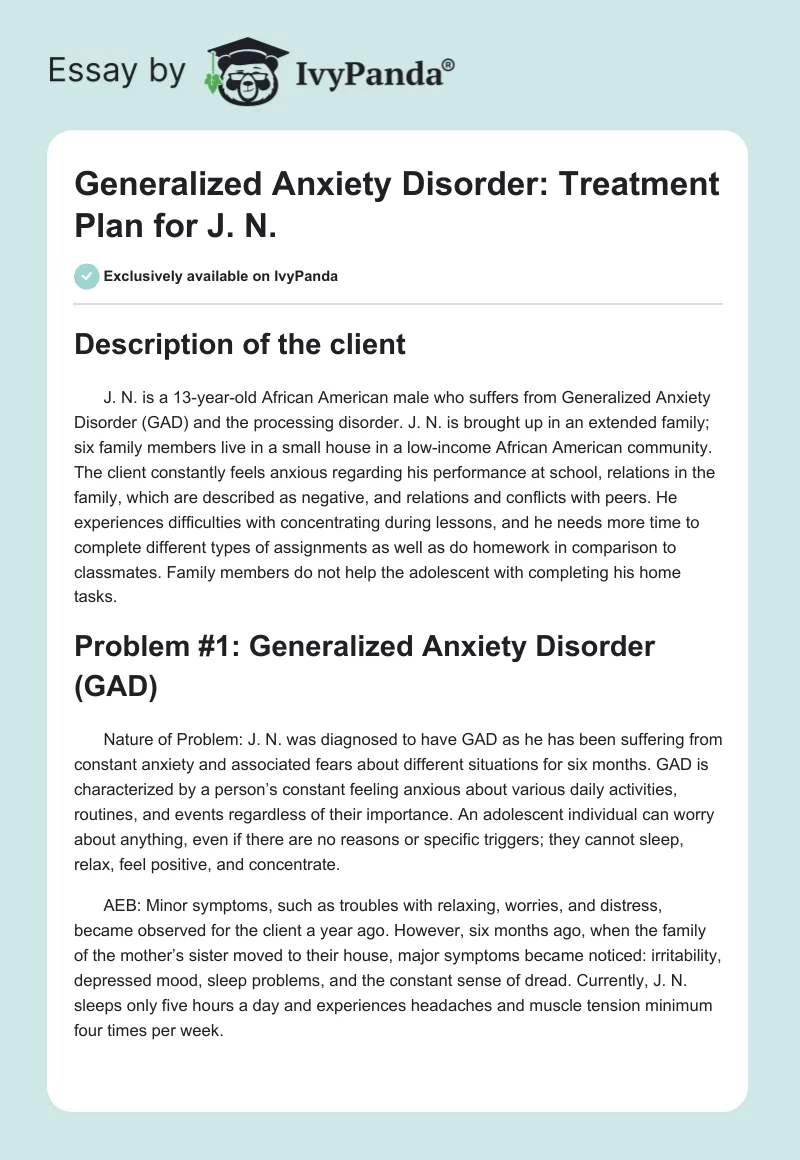 Generalized Anxiety Disorder: Treatment Plan for J. N.. Page 1