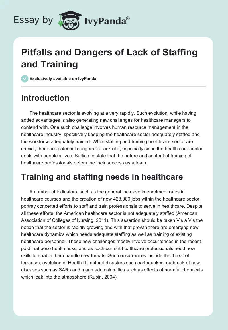 Pitfalls and Dangers of Lack of Staffing and Training. Page 1