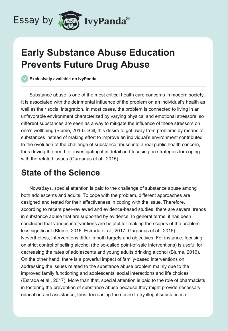 Early Substance Abuse Education Prevents Future Drug Abuse. Page 1