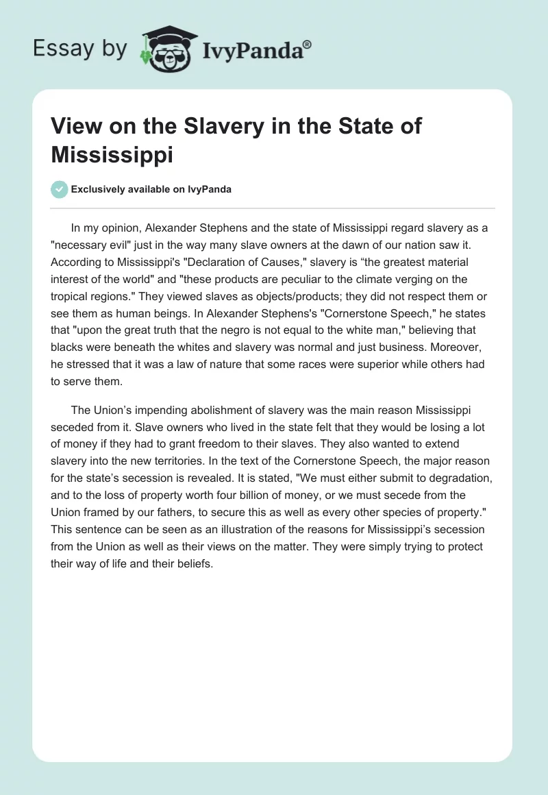 View on the Slavery in the State of Mississippi. Page 1