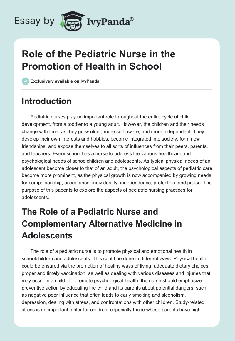 Role of the Pediatric Nurse in the Promotion of Health in School. Page 1