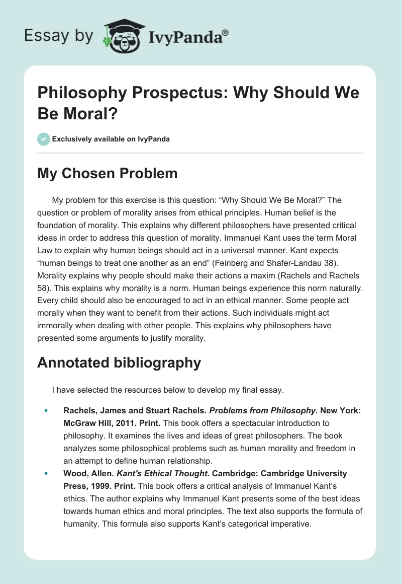 Philosophy Prospectus: Why Should We Be Moral?. Page 1