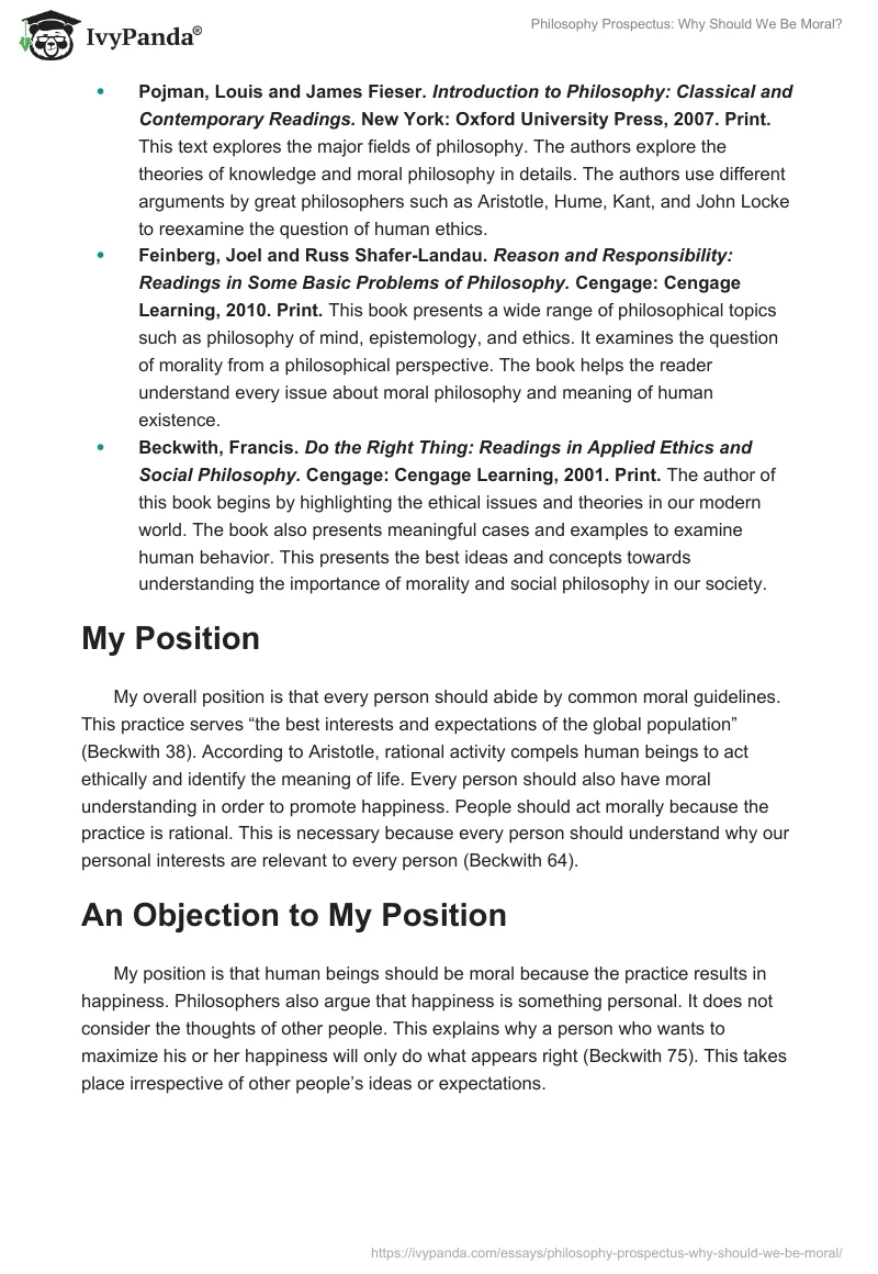 Philosophy Prospectus: Why Should We Be Moral?. Page 2