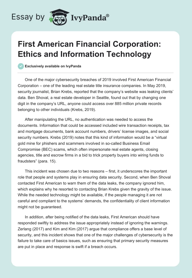 First American Financial Corporation: Ethics and Information Technology. Page 1