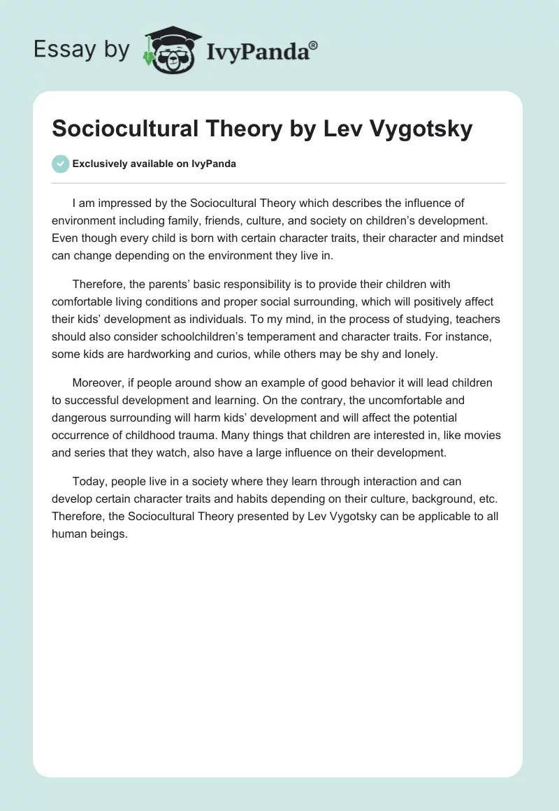 Sociocultural Theory by Lev Vygotsky - 206 Words | Coursework Example