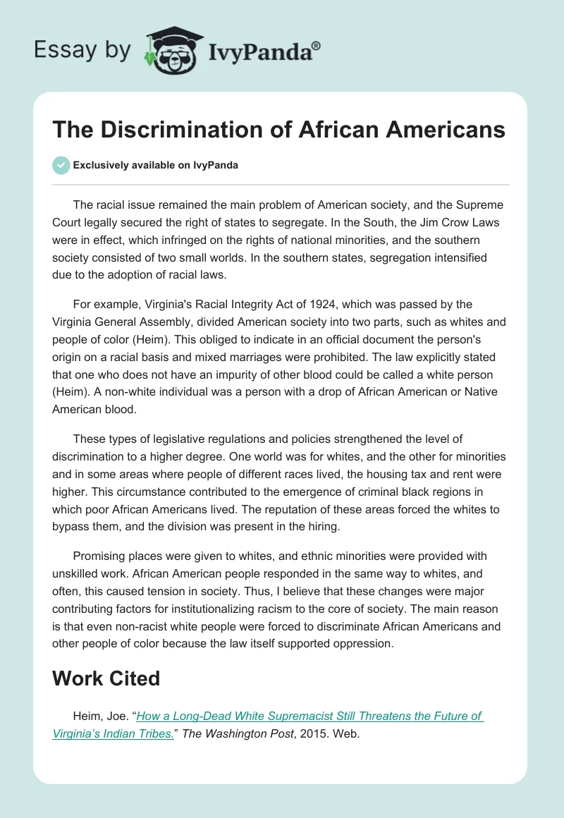 The Discrimination of African Americans. Page 1