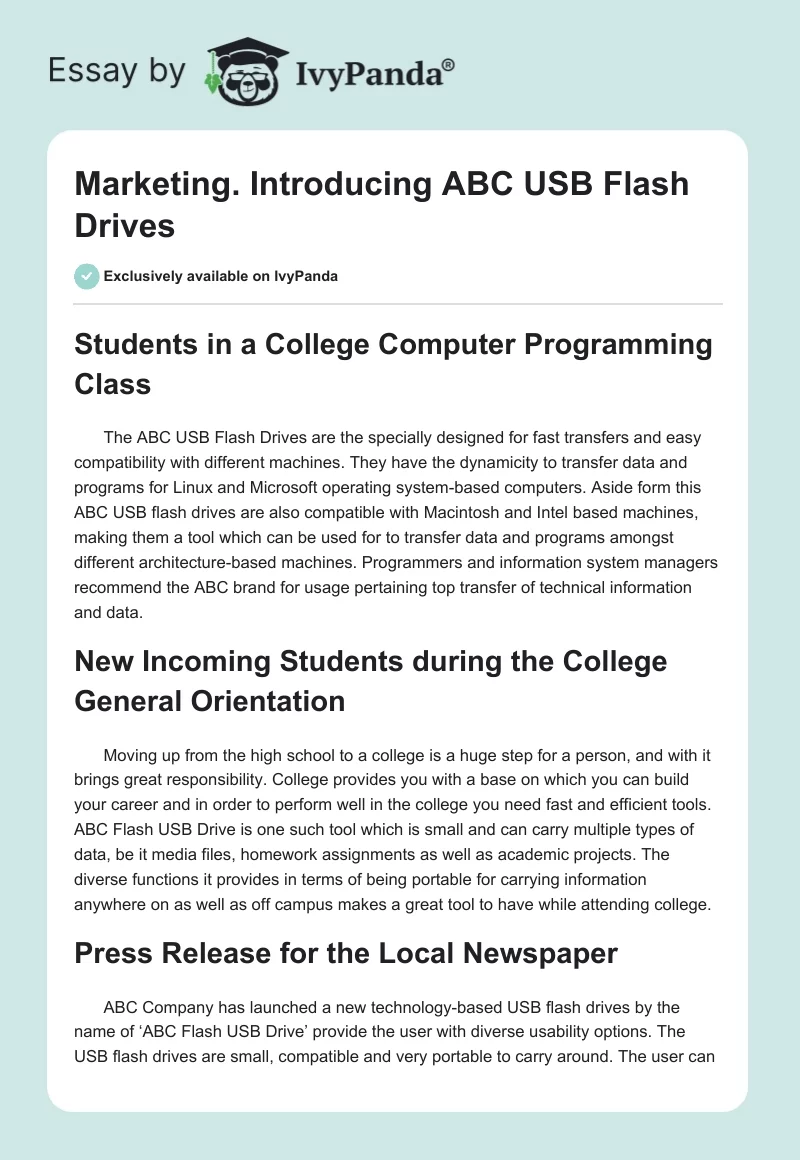Marketing. Introducing ABC USB Flash Drives. Page 1